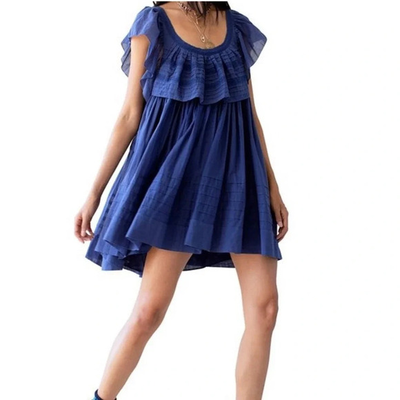 Free People Hailey Blue Oversized Ruffle Gauzy Mini Dress Small - Picture 2 of 16